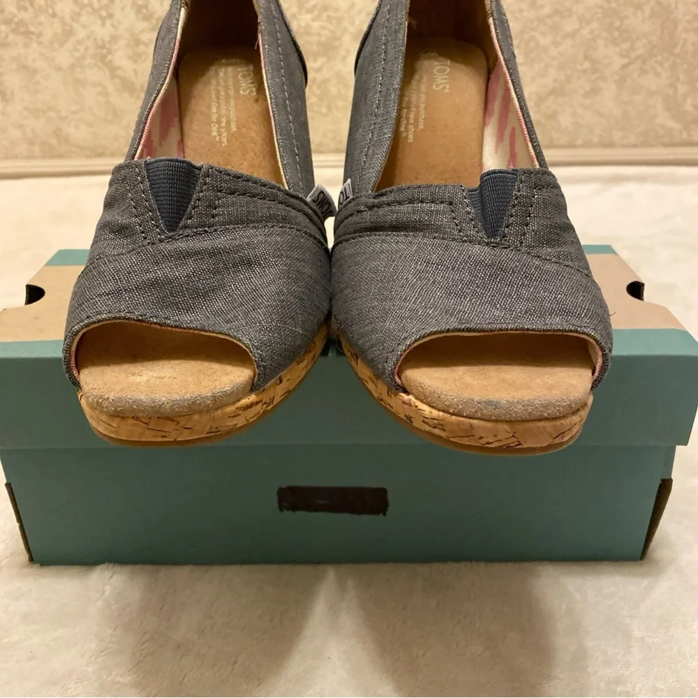 Toms Silver Sparkle Blue Denim Peep Toe Wedges with Cork Heel